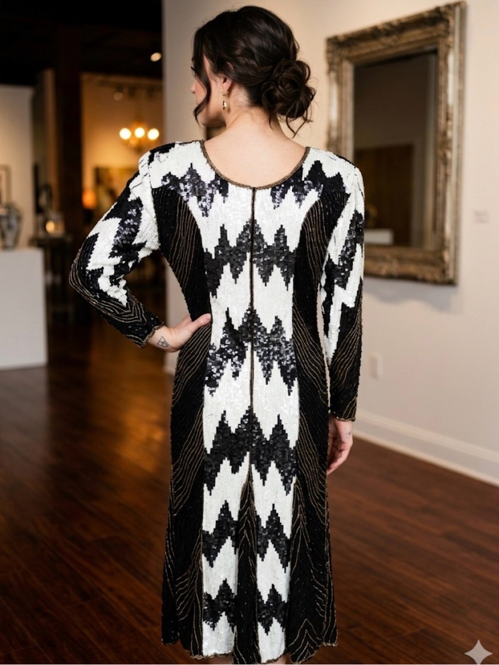 Vintage Imperial Handi Crafts 100% Silk Beaded Sequin Chevron Midi Dress